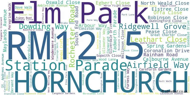 A word cloud for the RM12 5 postcode
